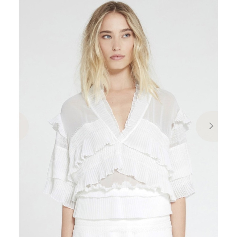 IRO Women Ruffle Pleated Lace Blouse Top White Size 4 Boho Chic Coquette $482
